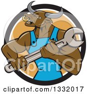 Poster, Art Print Of Cartoon Angry Brown Bull Man Mechanic Holding A Wrench In A Black White And Orange Circle