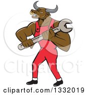 Poster, Art Print Of Cartoon Angry Brown Bull Man Mechanic In Red Overalls Holding A Wrench