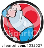 Poster, Art Print Of Cartoon White Male Golfer Swinging In A Black White And Red Circle