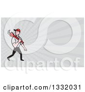 Poster, Art Print Of Cartoon White Male Plumber Walking With A Monkey Wrench And Taupe Rays Background Or Business Card Design