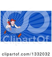 Poster, Art Print Of Cartoon White Male Plumber Running With A Monkey Wrench And Dark Blue Rays Background Or Business Card Design