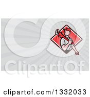 Poster, Art Print Of Cartoon White Male Plumber With A Monkey Wrench In A Diamond Of Red Sunshine And Taupe Rays Background Or Business Card Design