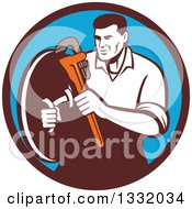 Poster, Art Print Of Retro Male Plumber Holding A Monkey Wrench And Shield In A Brown And Blue Circle