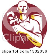 Clipart Of A Retro Male Plumber Holding A Monkey Wrench In Front Of A Tank In A Maroon Circle Royalty Free Vector Illustration