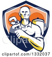 Clipart Of A Retro Male Plumber Holding A Monkey Wrench In Front Of A Tank In A Navy Blue White And Orange Shield Royalty Free Vector Illustration