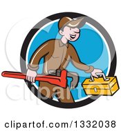 Poster, Art Print Of Cartoon White Male Plumber Carrying A Monkey Wrench And Tool Box In A Black White And Blue Circle