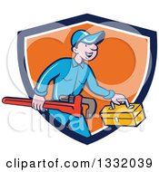 Poster, Art Print Of Cartoon White Male Plumber Carrying A Monkey Wrench And Tool Box In A Blue White And Orange Shield