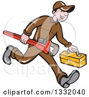 Poster, Art Print Of Cartoon White Male Plumber Running With A Monkey Wrench And Tool Box