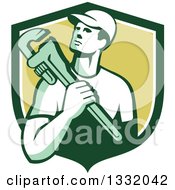 Poster, Art Print Of Retro Male Plumber Holding A Monkey Wrench In A Green And White Shield