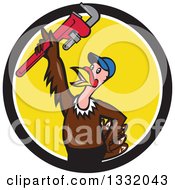 Clipart Of A Cartoon Turkey Bird Plumber Holding Up A Monkey Wrench In A Black White And Yellow Circle Royalty Free Vector Illustration