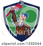 Poster, Art Print Of Cartoon Turkey Bird Plumber Holding Up A Monkey Wrench In A Navy Blue White And Green Shield