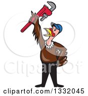Poster, Art Print Of Cartoon Turkey Bird Plumber Worker Man Wearing A Baseball Cap And Holding Up A Monkey Wrench