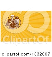 Poster, Art Print Of Retro Photographer Using A Bellows Camera And Orange Yellow Rays Background Or Business Card Design