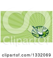 Clipart Of A Retro Male Arborist Using A Chain Saw And Green Rays Background Or Business Card Design Royalty Free Illustration