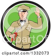 Retro White Male Gas Station Attendant Jockey Holding A Nozzle And Waving In A Black White And Green Circle