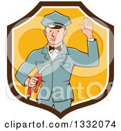 Retro White Male Gas Station Attendant Jockey Holding A Nozzle And Waving In A Brown White And Yellow Shield