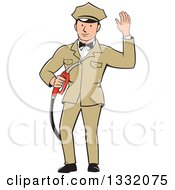 Retro White Male Gas Station Attendant Jockey Holding A Nozzle And Waving