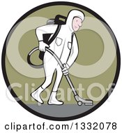 Poster, Art Print Of Cartoon White Male Industrial Janitor Wearing A Biohazard Suit And Vacuuming With A Back Pack In A Black And Green Circle