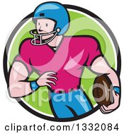 Poster, Art Print Of Cartoon White Male Girdiron Player With A Football In Hand Inside A Black White And Green Circle