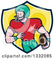 Poster, Art Print Of Cartoon White Male Girdiron Player With A Football In Hand Inside A Black White And Yellow Shield