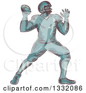 Clipart Of A Retro Sketched Or Engraved American Football Player Throwing Royalty Free Vector Illustration
