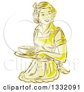 Retro Sketched Or Engraved Yellow Housewife Or Waitress Wearing An Apron And Serving A Bowl Of Food