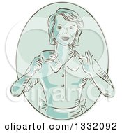 Poster, Art Print Of Retro Sketched Or Engraved Green Happy Housewife Or Waitress Gesturing Perfect And Holding A Cup Of Coffee In An Oval