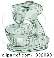 Clipart Of A Retro Sketched Or Engraved Vintage Green Kitchen Mixer Royalty Free Vector Illustration