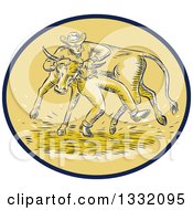 Clipart Of A Retro Sketched Or Engraved Cowboy Wrestling A Bull In A Brown And Tan Oval Royalty Free Vector Illustration