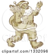 Poster, Art Print Of Retro Sketched Or Engraved Christmas Santa Walking And Waving