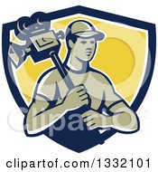 Poster, Art Print Of Retro Male Cameraman In A Navy Blue White And Yellow Shield