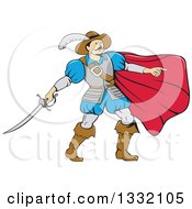 Poster, Art Print Of Cartoon Musketeer With A Cape Pointing And Holding A Sword