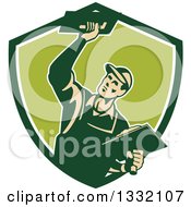 Retro Male Plasterer Working With Trowels In A Green And White Shield