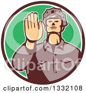 Poster, Art Print Of Retro White Male Police Officer Gesturing Stop With His Hand Inside A Brown White And Green Circle