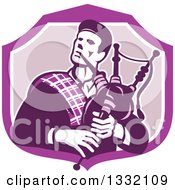 Retro Male Scotsman Bagpiper In A Purple And White Shield