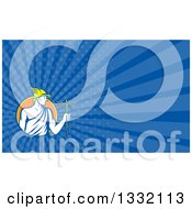 Clipart Of A Retro Oman God Mercury With A Caduceus And Dark Blue Rays Background Or Business Card Design Royalty Free Illustration