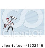 Poster, Art Print Of Cartoon Male House Painter With A Roller Brush And Pastel Blue Rays Background Or Business Card Design