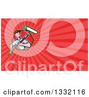 Clipart Of A Cartoon Male House Painter With A Roller Brush And Red Rays Background Or Business Card Design Royalty Free Illustration