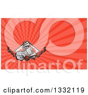 Clipart Of A Retro Bodybuilders Hand With A Chain And Dumbbell And Red Rays Background Or Business Card Design Royalty Free Illustration