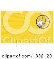 Clipart Of A Cartoon White Male Construction Worker Builder Holding A Shovel And Yellow Rays Background Or Business Card Design Royalty Free Illustration