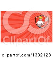 Clipart Of A Cartoon White Male Construction Worker Builder Holding A Shovel And Red Rays Background Or Business Card Design Royalty Free Illustration
