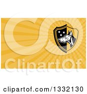 Clipart Of A Doberman Guard Dog Head With Stars On A Black And Yellow Shield And Orange Rays Background Or Business Card Design Royalty Free Illustration