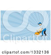 Cartoon White Male Construction Worker Using A Concrete Cutter Tool And Blue Rays Background Or Business Card Design