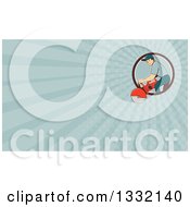 Retro Cartoon White Male Construction Worker Using A Concrete Cutter Tool And Turquoise Rays Background Or Business Card Design