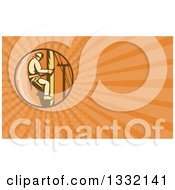 Clipart Of A Retro Lineman Climbing A Pole And Orange Rays Background Or Business Card Design Royalty Free Illustration