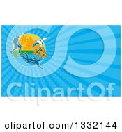 Poster, Art Print Of Hiker Scuba Diver And Red Billed Tropicbird With Black Eyed Susan Flowers On An Island And Blue Rays Background Or Business Card Design