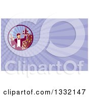 Retro Waiter Carrying Wine And A Corkscrew By Grapes And Barrels And Purple Rays Background Or Business Card Design