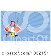 Poster, Art Print Of Cartoon Plasterer Construction Worker Running With Trowel And Pail Over A Diamond Of Sunshine And Blue Rays Background Or Business Card Design
