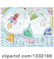 Poster, Art Print Of Sketched Alphabet Letters And Numbers At An Ocean Side Castle With A Rainbow And Rocket