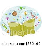 Poster, Art Print Of Green Open Book With Alphabet Letters Numbers And Science Icons